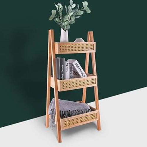 ZYBT Ladder Bookshelf, 3-Tier Rattan Bookshelf, Free Standing Bookcase, Blanket Ladder, Wood Organizer Storage Shelves for Living Room Bedroom Kitchen Bathroom Balcony and Home Office