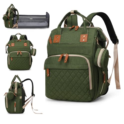 Diaper Bag with Changing Station, Waterproof 3 in 1 Baby Diaper Backpack with Foldable Changing Pad, Large Travel Back Pack for Girl Boy, Green