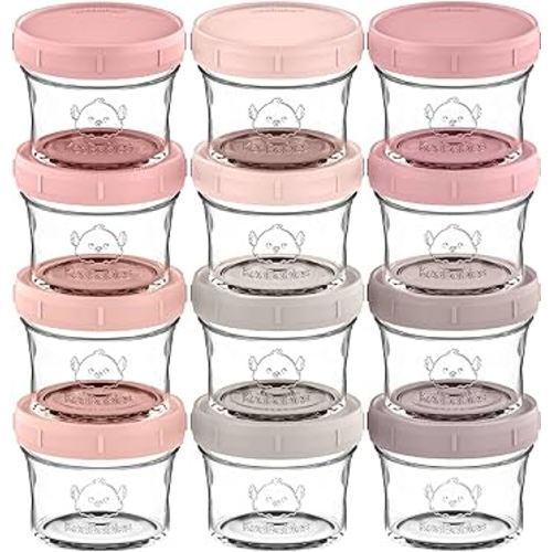 KeaBabies 12-Pack Glass Baby Food Containers- 4 oz Leak-Proof, Microwavable Baby Food Storage Containers, Baby Food Freezer Tray,Puree Glass Baby Food Jars,Baby Bullet Jars with Lids (Roseate).