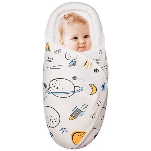 Knirose Newborn Swaddle Blanket & Unisex Infant Wrap, with Head-Protecting & Head-Supporting Function, Made of Combed Cotton (Planet, White, 0-3 Months)