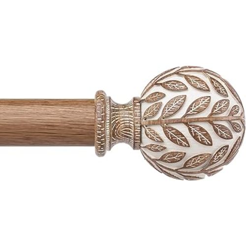 Boho Wood Curtain Rod 36-91 Inch, Decorative 1 Inch Rustic Farmhouse Window Treatment Rods, Adjustable Heavy Duty Curtain Rods for Windows with Handmade Imitation Wood Grain Leaf Finials