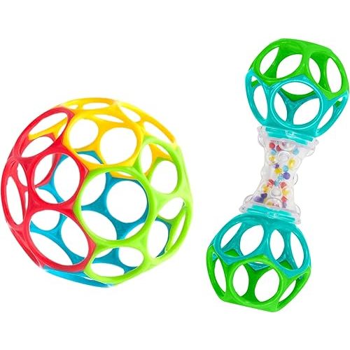Bright Starts Easy-Grasp Oball Bundle Gift Set - Grasp The Day, Ball and Rattle Toys 2-Pack, BPA Free, Unisex, Newborn+