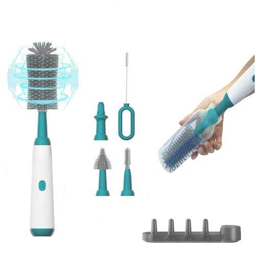 Electric Baby Bottle Brush Cleaner with Extended Handle & Drying Holder, Baby Bottle Brush Set with Silicone Bottle/Nipple/Crevice/Brush,Straw Cleaner,Lifesaver Automatic Bottle Cleaner,Green