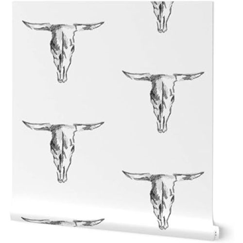 Peel & Stick Wallpaper 3ft x 2ft - Cow Skull Bull Black White Western Cowboy Rustic Custom Removable Wallpaper by Spoonflower