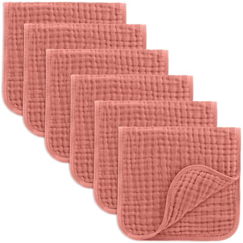 Comfy Cubs Muslin Burp Cloths 20" x 10", Pack of 6 - Large, 6-Layer, Ultra Absorbent 100% Cotton for Baby Drool and Messes - Soft, Safe & Gentle Baby Burp Cloths Set for Boys & Girls - Dusty Rose