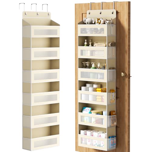 Over The Door Organizer with 6 Large Pockets, Over the Door Storage 12 Side Pockets, Hanging Door Organzier 44 lb Load Behind Door Storage Hanging Shelf for Closet Wall Bathroom Nursery, 6-Tier Beige