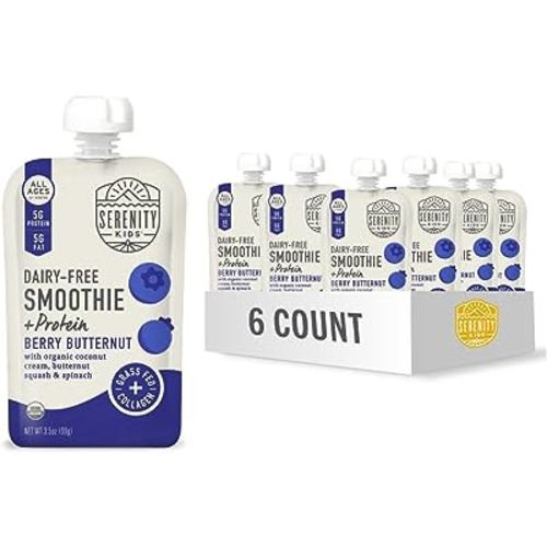 Serenity Kids 6+ Months Dairy-Free Smoothie Baby Food | USDA Organic | Grass Fed Collagen Protein | 3.5 Ounce BPA-Free Pouch | Berry Butternut | 6 Count