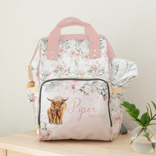 Highland Cow Floral Personalized Backpack Diaper Bag