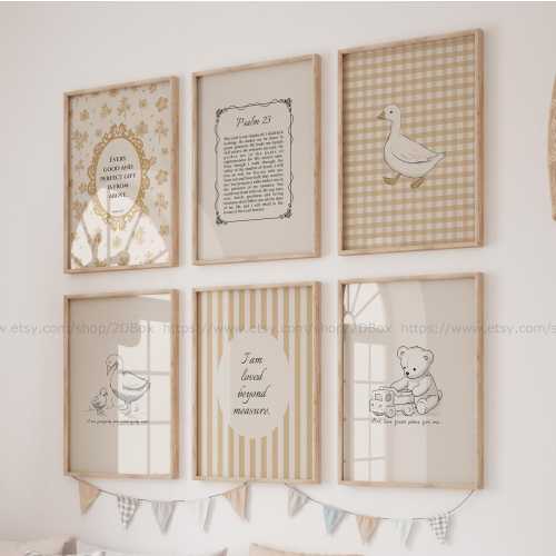 Baby Room Bible Theme Decor SET Baby Cottage Core Wall Decor Gold Yellow Nursery Scripture Print Goose Kids Room Wall Art Rustic Duck Poster