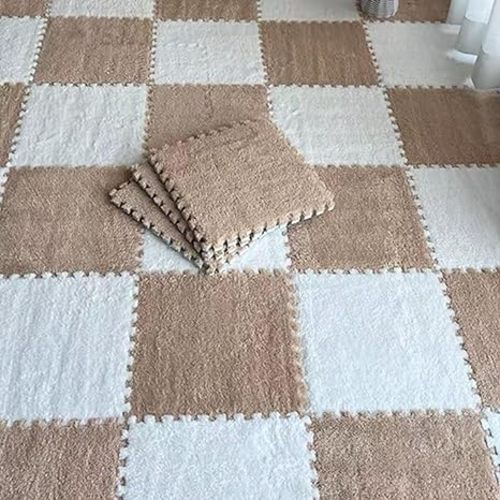 10pcs Plush Puzzle Foam Floor Mat, Soft Fluffy Interlocking Square Foam Tiles Area Rugs Carpet for Parlor Bedroom Decoration(11.8x11.8in, White & Apricot)