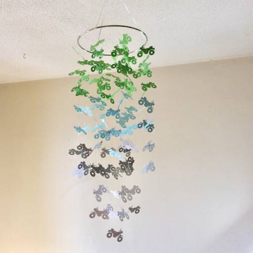 Motorcycle mobile. Baby nursery mobile. Green, Aqua, grey and white