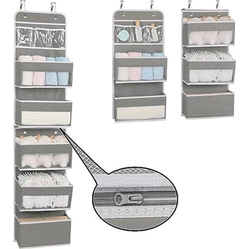6-Tier Over the Door Storage Organizer, Flexible 1 Split into 2 Swing-proof Hanging Bathroom Storage Organization, Bedroom Organizer and Storage for Newborn Baby Essentials, Grey