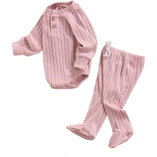 Qiylii 2 Piece Newborn Baby Girls Boys Clothes Sets Infant Solid Color Knit Cotton Romper Tops Pant Footies 0-18M