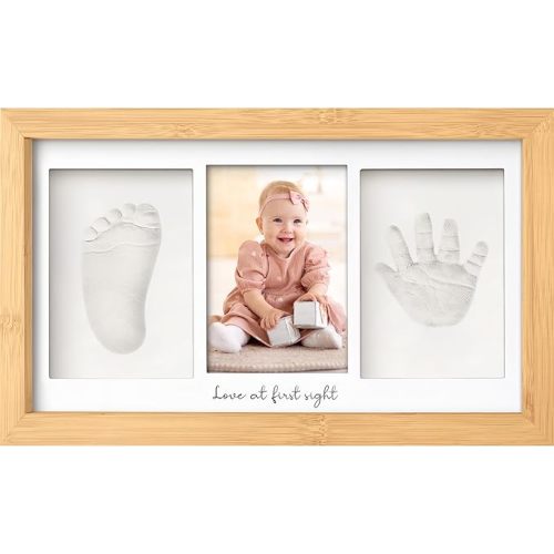 Baby Hand and Footprint Kit - Clay Handprint Keepsake Frame, Newborn Nursery Picture Frame, Personalized New Mom Gifts for Baby Shower & Registry (Bamboo)