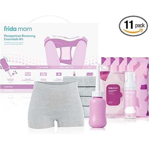 Frida Mom Postpartum Recovery Essentials Kit, Includes Disposable Underwear, Instant Ice Maxi Pads, Perineal Healing Foam, Perineal Healing Pad Liners and Upside Down Peri Bottle (11pc Gift Set) - with Peri Bottle