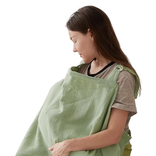 TILLYOU Muslin Nursing Cover for Baby Breastfeeding, 100% Cotton Breathable with Arch Neckline for Women, Green