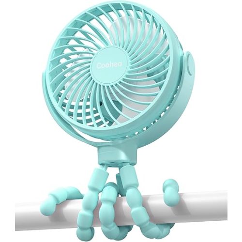Stroller Fan Battery Operated Fan USB Rechargeable Portable Fan Small Baby Fan with Flexible Tripod Cooling Fan Clip on for Stroller Car Seat Backseat Crib Bike Trip Beach, 3 Speeds Wind, Blue