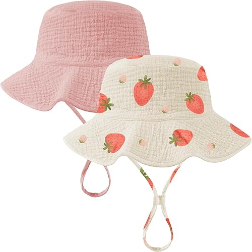 2 Pack Muslin Baby Sun Hat UPF 50+ Sun Protection Baby Bucket Hat with Wide Brim Beach Hats for Boys Girls