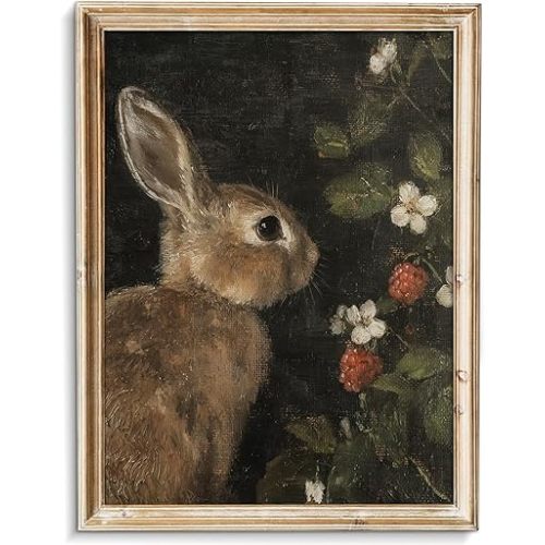 uniro Vintage Rabbit Wall Art, Farmhouse Canvas Wall Decor, Easter Bunny and flowers Painting, Antique Rabbit Painting Wall Art Decoration for Office Bedroom Room Living Decor(8" x 10"-UNFRAMED)