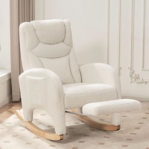 Nursery Rocking Chair with Foot Rest,Upholstered Teddy Glider Rocker for Nursery with Solid Wood Legs, Accent Nursing Arm Chair for Living Room/Bedroom/Nursery, Ivory