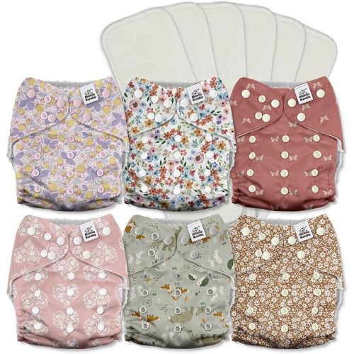 Mama Koala 3.0 Pocket Cloth Diapers for Babies with AWJ Lining, 6 Pack with 6 5-Layer Natural Cloth Diaper Inserts - Reusable and Washable Pocket Diapers(A-Wild Flowers)