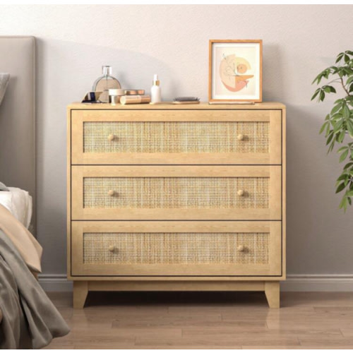 Rattan Drawer Dresser With 3 Drawers, Boho Small Chest Of Drawers- Large Storage And Sturdy Contruction, Natural Rattan Dresser For Bedroom, Living Room, Hallway