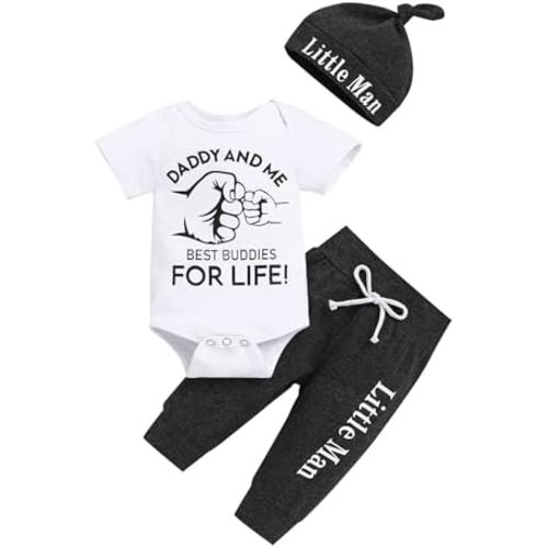 TUEMOS Newborn Infant Baby Boy Clothes Letter Print Romper Pants Set Hat 3PC Outfits Set