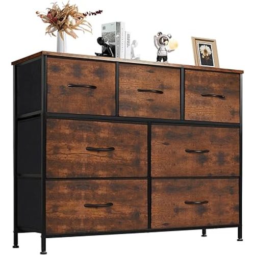 DUMOS Dresser for Bedroom with 7 Fabric Drawers, Chest Organizer Units for Clothing, Closet, Guestroom, Storage Tower with Cabinet, Metal Frame, Wooden Top, Lightweight Nursery Furniture, Brown