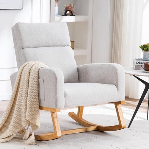 HOMYKA Rocking Glider Chair Nursery, Nursering Rocker Armchair with Rubber Wood Legs and Side Pocket for Living Room, Bedroom, Grey
