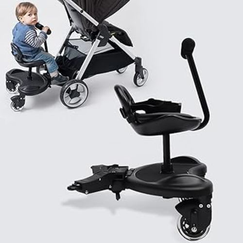 Universal 2-in-1 Stroller Board, Buggy Board with Detachable Seat Standing Board, Non-Slip Pedal & Safety Belt, Holds Children Up to 55lb,for 2-6-year-old Children, Black