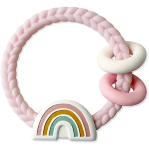 Itzy Ritzy Silicone Teether with Rattle; Rattle Teether Features Rattle Sound, Two Silicone Teething Rings and Raised Texture to Soothe Gums; Ages 3 Months and Up (Pink Rainbow)
