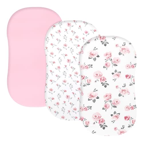 PHF 3 Pack Soft Bassinet Sheets, Rose Floral Comfy Polyester Cradle Sheets for Baby Boys Girls, Universal Fit for Most Cradle and Bassinet Mattress, Pink Floral