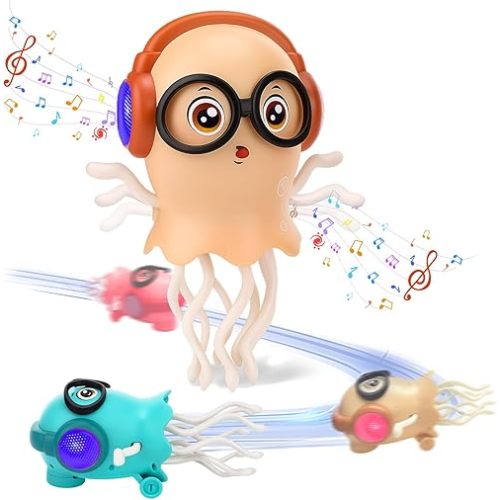 Magic Electric Dancing Jellyfish Toy with Led Light and Music,Playful Automatic Steer Crawling Dancing Jellyfish with Smart Tentacle Explorer,Dancing Octopus Toy Tummy Time Baby Toys,Orange