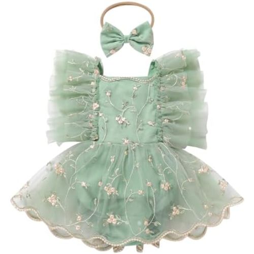 ODASDO Baby Girl Floral Embroidery Tulle Tutu Princess Romper Dress First Birthday Cake Smash Outfit with Bowknot Headband