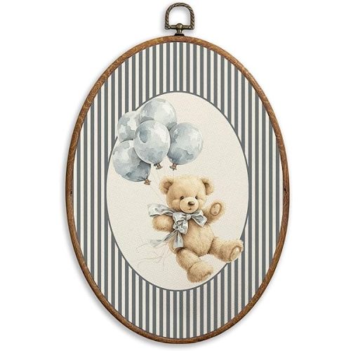 SONMYSULIL Blue Bear Nursery Wall Art Decor, Boys Girls Room Oval Wall Hanging Decor, Cute Bear Balloon Framed Canvas Prints for Kids Toddler Boy Girl Nursery Room Bedroom Playroom, 8.6x11.4 Inch