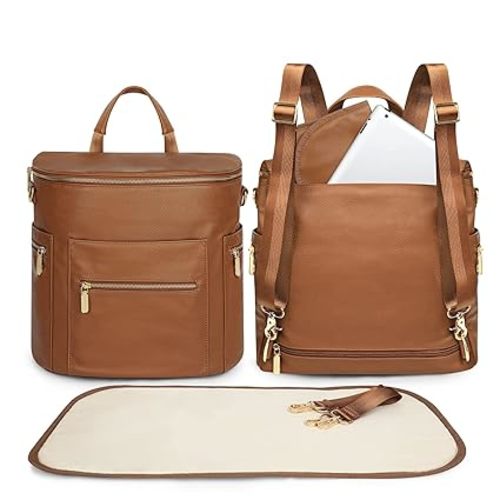 Diaper Bag Backpack Baby Diaper Bag, Large Leather Diaper Bag Backpack with Changing Pad,Pañaleras Para Bebe for Moms, Stroller Straps, and 2 Insulated Pockets(Convertible, Brown)