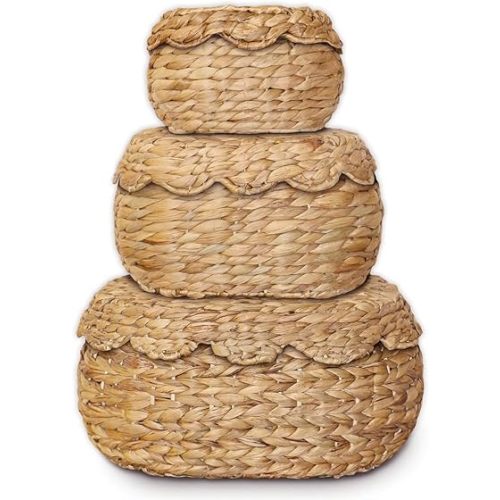 Scalloped Basket Set of 3 – Woven Seagrass Storage Baskets with Lids – Decorative Natural Bins Baskets for Organizing, Boho Home, Shelves, Bathroom Decor