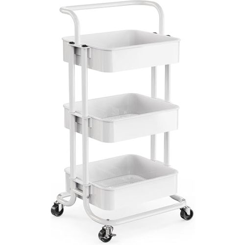 Pipishell 3 Tier Mesh Utility Cart, Rolling Metal Organization Cart with Handle and Lockable Wheels, Multifunctional Storage Shelves for Kitchen Living Room Office White