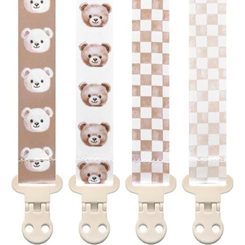 Stadela Baby Pacifier Clip Holder - Boy and Girl Unisex 4 Pack Gift Set – Vintage Neutral Checker Teddy Bear Beige and Brown