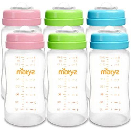 Matyz 6-Pack Breast Milk Storage Bottles (8 Ounce, 3 Colors) - Wide Neck Breastmilk Collection and Storage Bottle - Formula Storage Bottles Compatible with Medela Avent Spectra Pumps