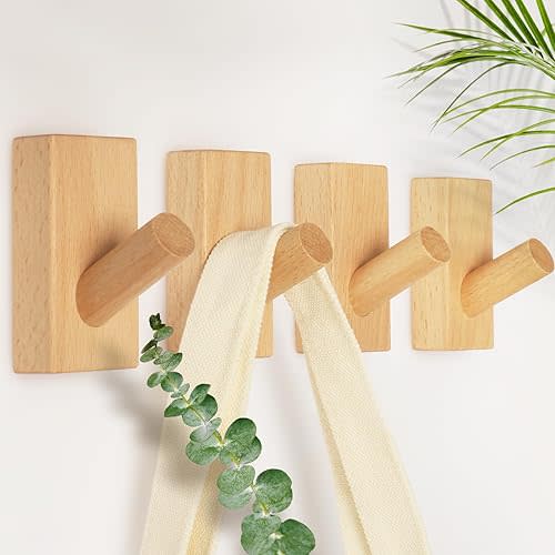 4 Pack Wood Hooks Wall Natural Wooden Space Saving No Damage Adhesive for Entryway Bedroom Kitchen Door for Hanging Coat Hat Towels Clothes Modern Home Decorative Gift (Beech)