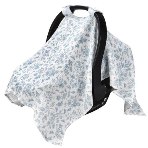 SERAPHY 100% Muslin Cotton Car Seat Covers for Babies - Universal, Breathable Canopies for Boys and Girls - Soft Summer Car Seat Cover - Blue Flowers