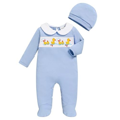 GRNSHTS Newborn Romper Coming Home Outfits Infant Girl Boy Cute Print Long Sleeve Bodysuit with Mitten, Matching Hat Jumpsuit