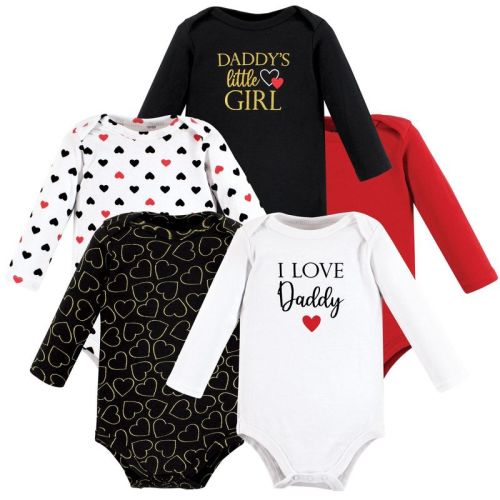 Hudson Baby Infant Girl Cotton Long-sleeve Bodysuits, Girl Daddy Red Black 5-pack