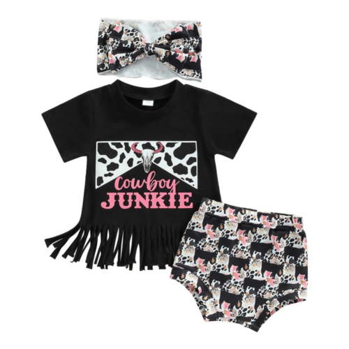 BULLPIANO Western Baby Girl Clothes Boho Cow Print Short Sleeve T-Shirt Tops Shorts Set Headband 3Pcs Toddler Cowgirl Outfits