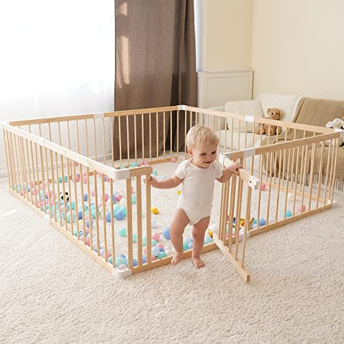 GGF Wooden Baby Playpen -79 * 71 * 24 in, Large Wood Gate Playpen for Babies and Toddlers, Baby Fence Play Yard with Door for Kids Activity Center