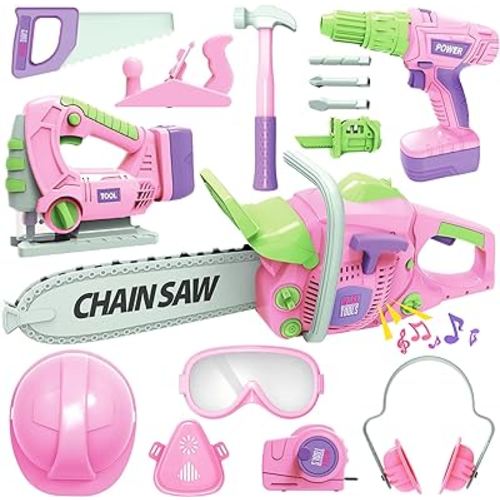 Kids Tool Set with Electric Toy Drill Chainsaw Jigsaw Toy Tools for Girl, Realistic Kids Power Construction Pretend Play Tools Set Toddler Toys Playset Kit for Toddler Boy Girl Kid Child Tool Toy Pink