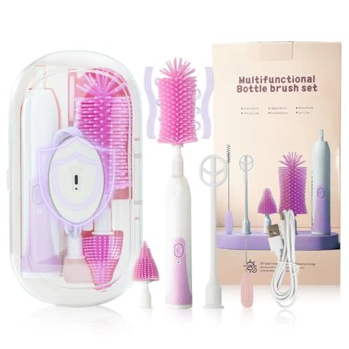 Electric Bottle Brush Set with Silicone Pacifier/Straw Brush and Mixing Head, Water Bottle Cleaner with Drying Rack, 2 Modes & 360 Rotation (Purple)