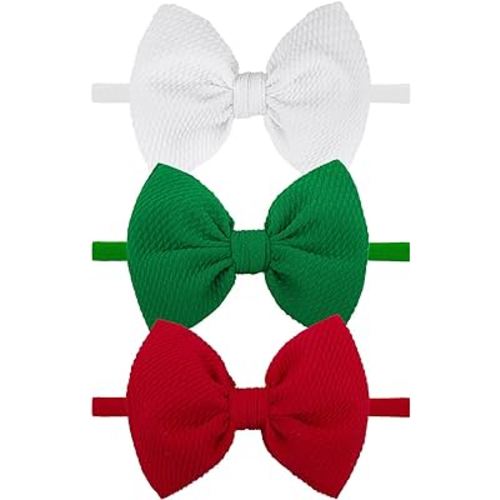 YanJie HAIRBAND for Baby Girls - Christmas Bows Elastic Nylon Headband with Bows - Hair Accessories Infant Toddler - 3 Pack - Red White Green
