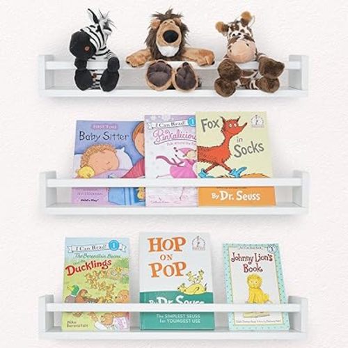 White Floating Shelves for Wall Wood Shelf, Nursery Book Shelves Set of 3, Wood Floating Shelves for Kitchen, Bedoom, Picture Ledge Shelf Toys Display and Organization, 23.5 Inch